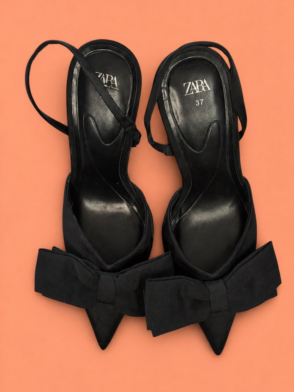 Zara Black Pointed Toe Slingback Heels with Bow - Picture 2 of 2